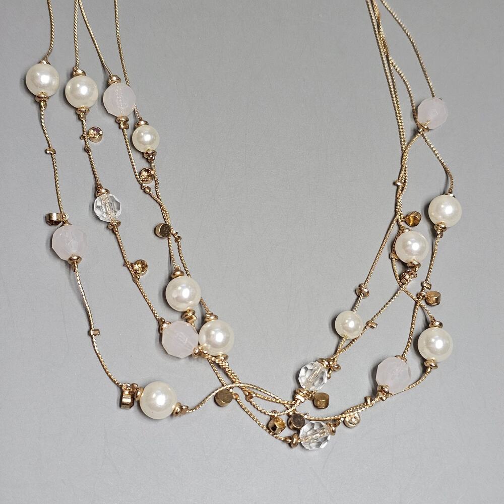 Faux Pearl & Clear Faceted Beads Triple Strand Layered Necklace Goldtone 18"-21"